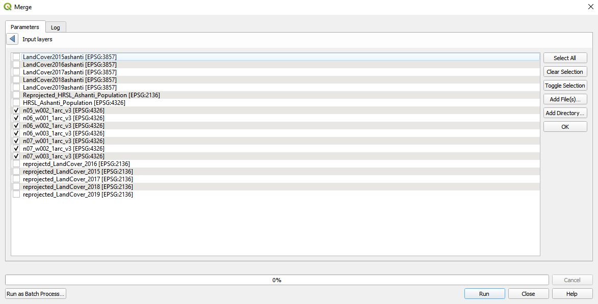 Selecting the SRTM layers to merge