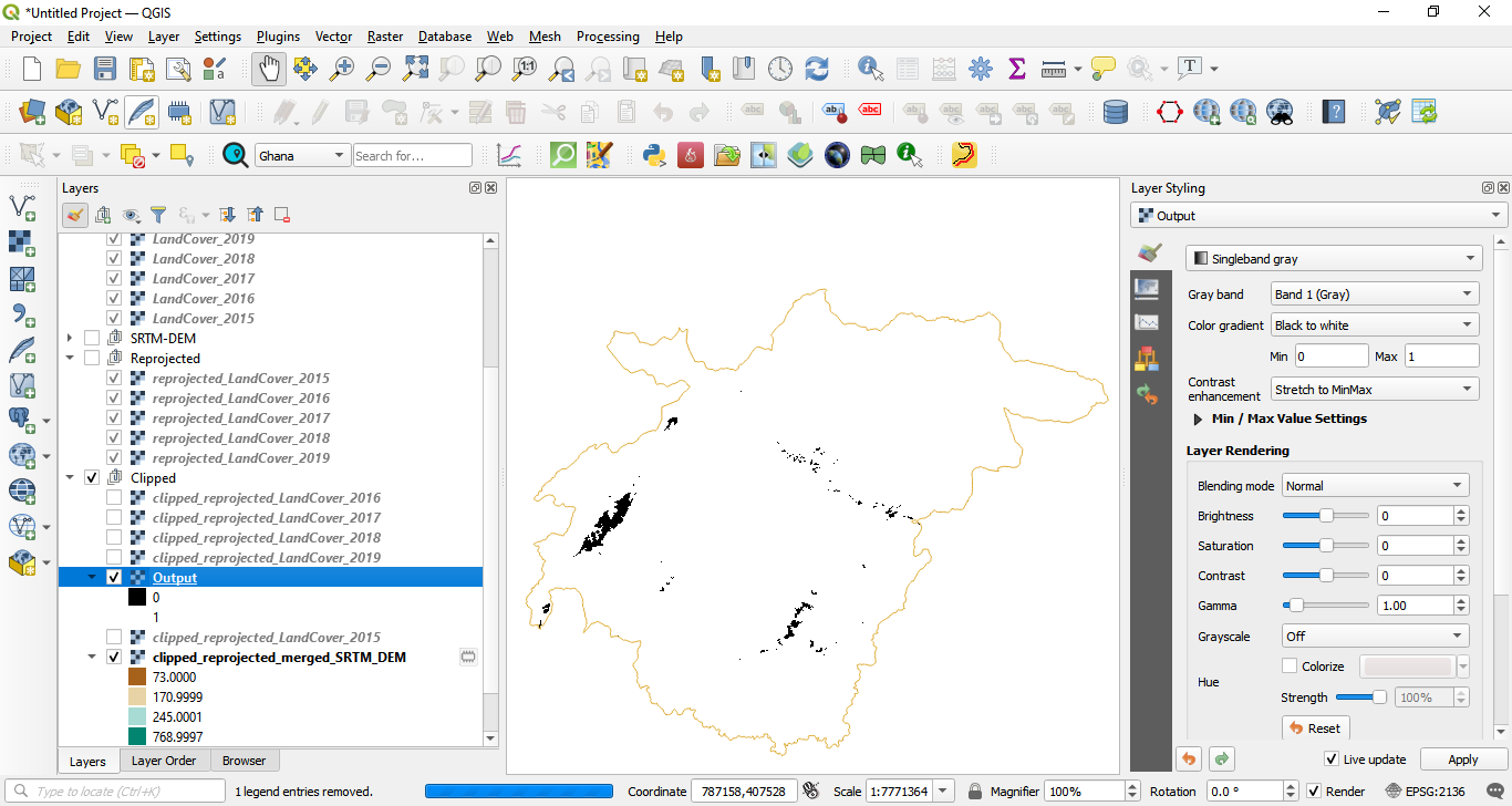 Result of identify all pixel values that are below 200 meters using the Raster Calculator