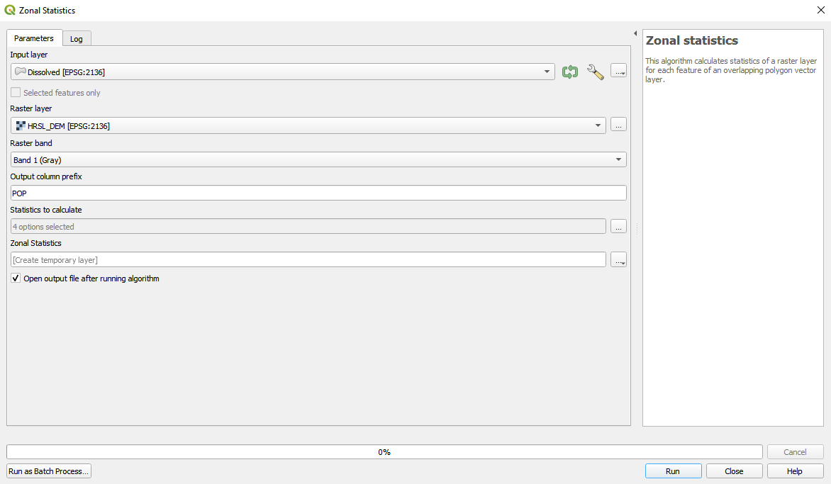 Setting the parameters for Zonal Statistics