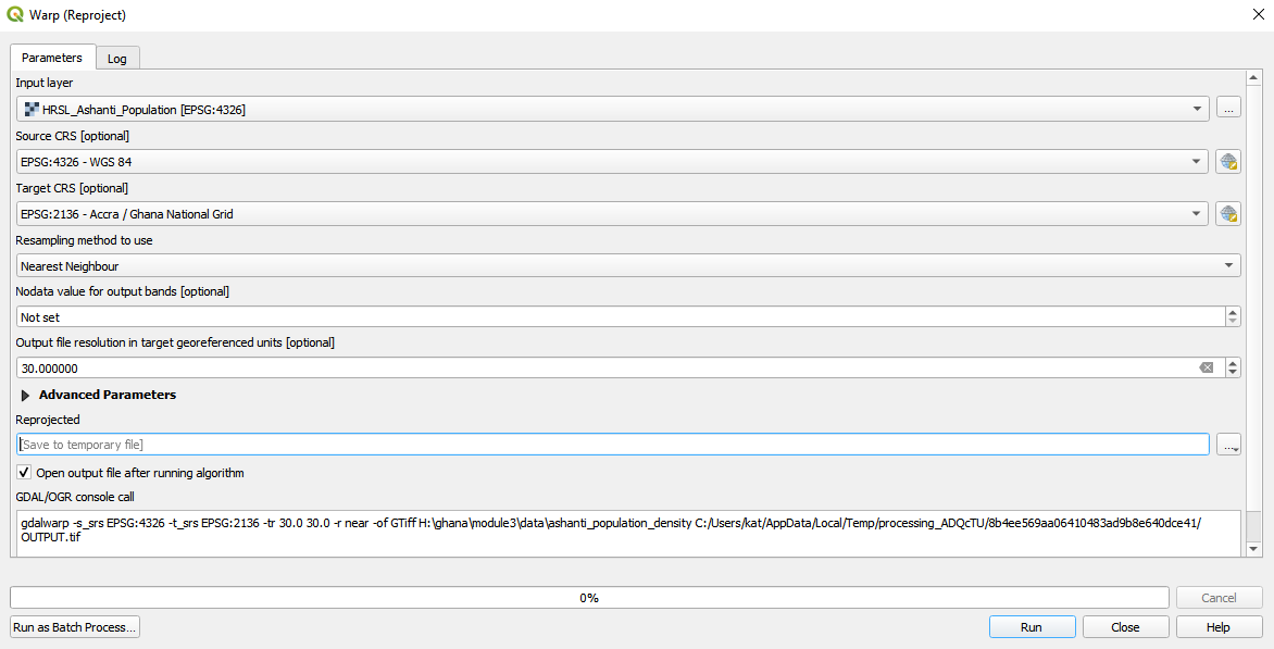 Warp (reproject) QGIS window