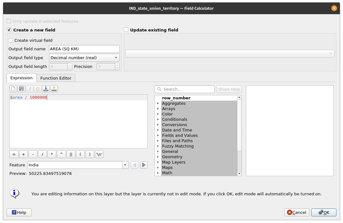 Field calculator dialogue