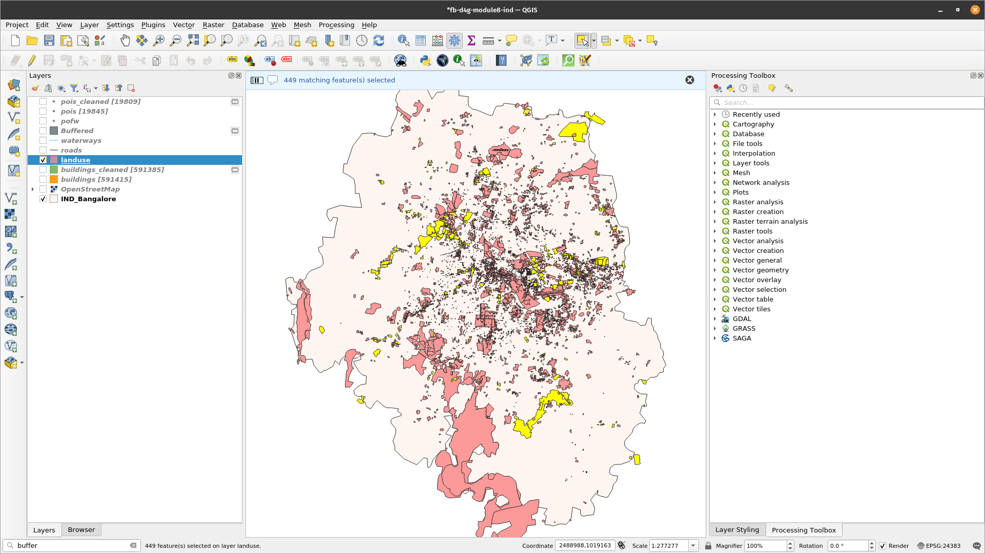 Reduced selection of a few buildings and industrial landuse, so the computation can finish faster