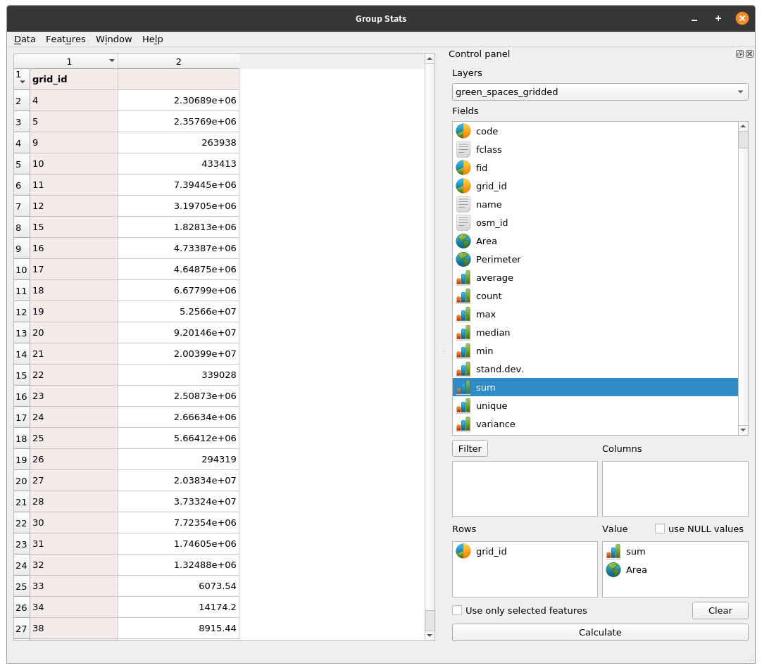 GroupStat parameters setup to sum up the green areas per each 10X10km grid cell