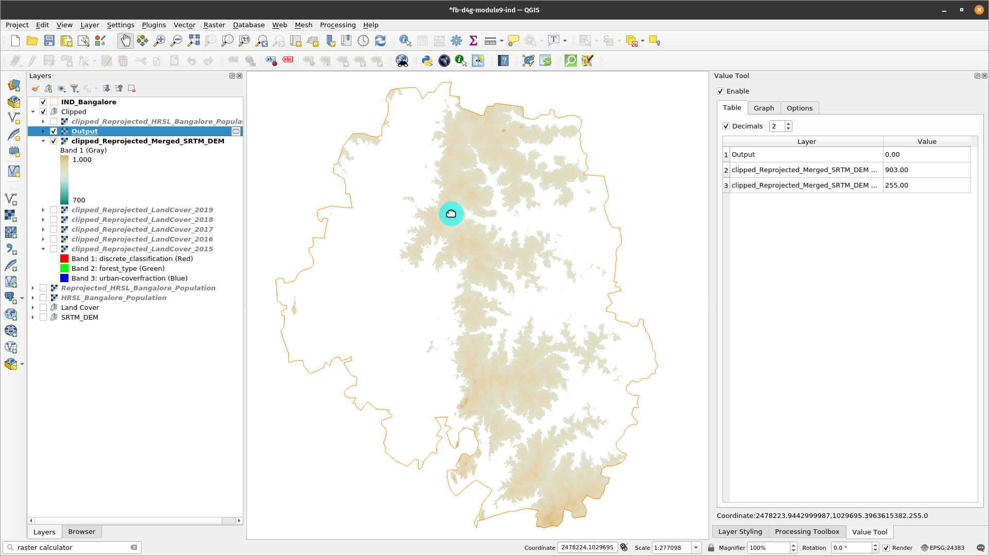 Spatial distribution of all pixels of value 1, meaning with altitude lower than 900 meters