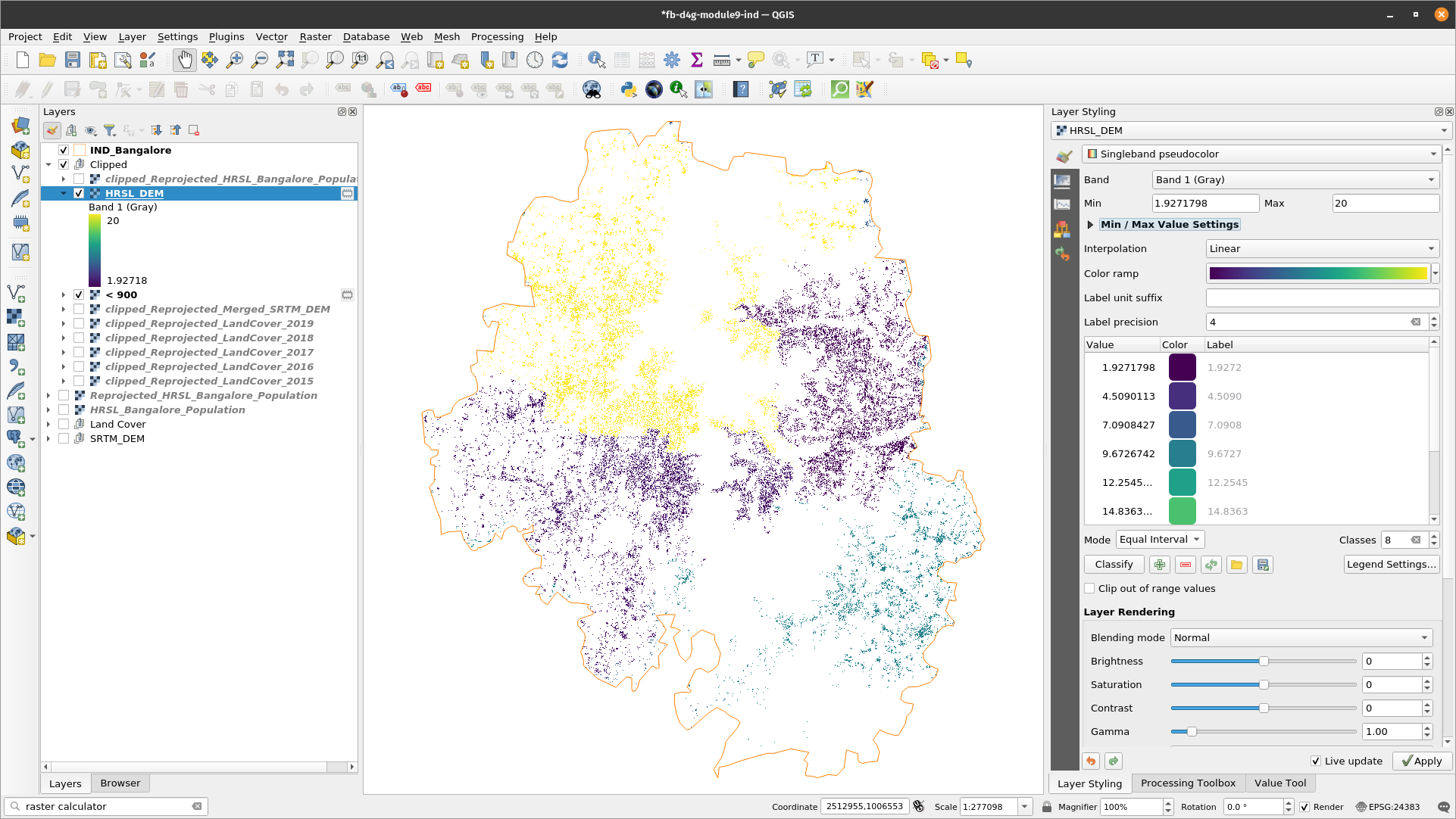 Distribution of population that lives below 900m in Bangalore district, represented at a 30m resolution