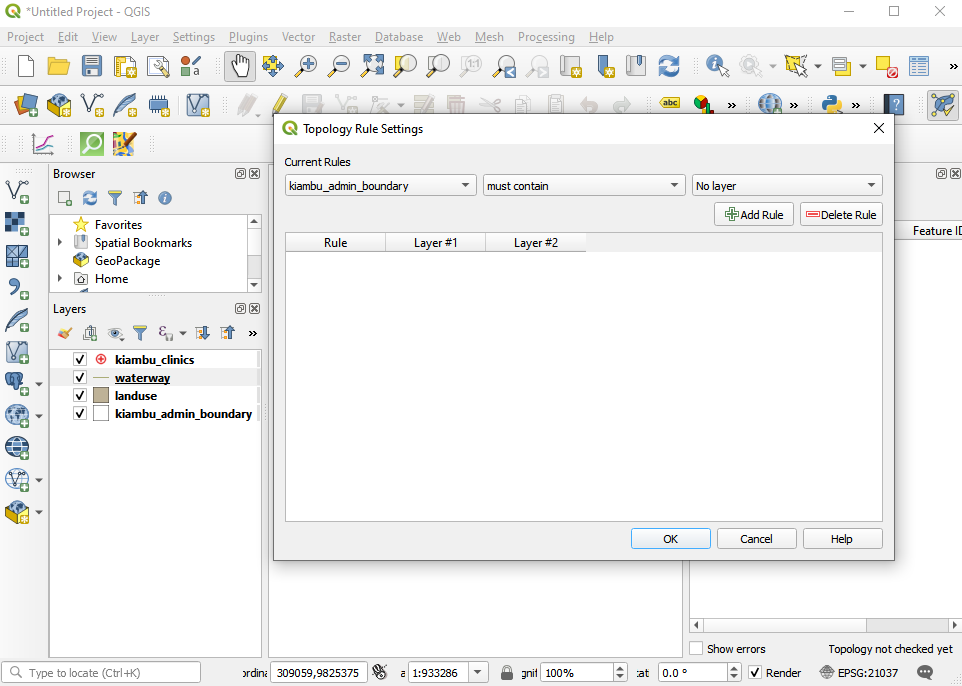 Topology rules dropdown menu based on the selected layer