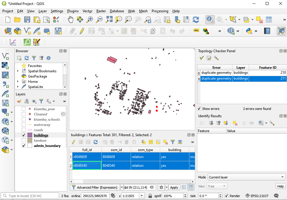 Results of topology check on the buildings vector layer