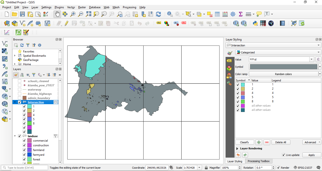 Result of running the intersection algorithm to clip the landuse vector polygons to the grid layer