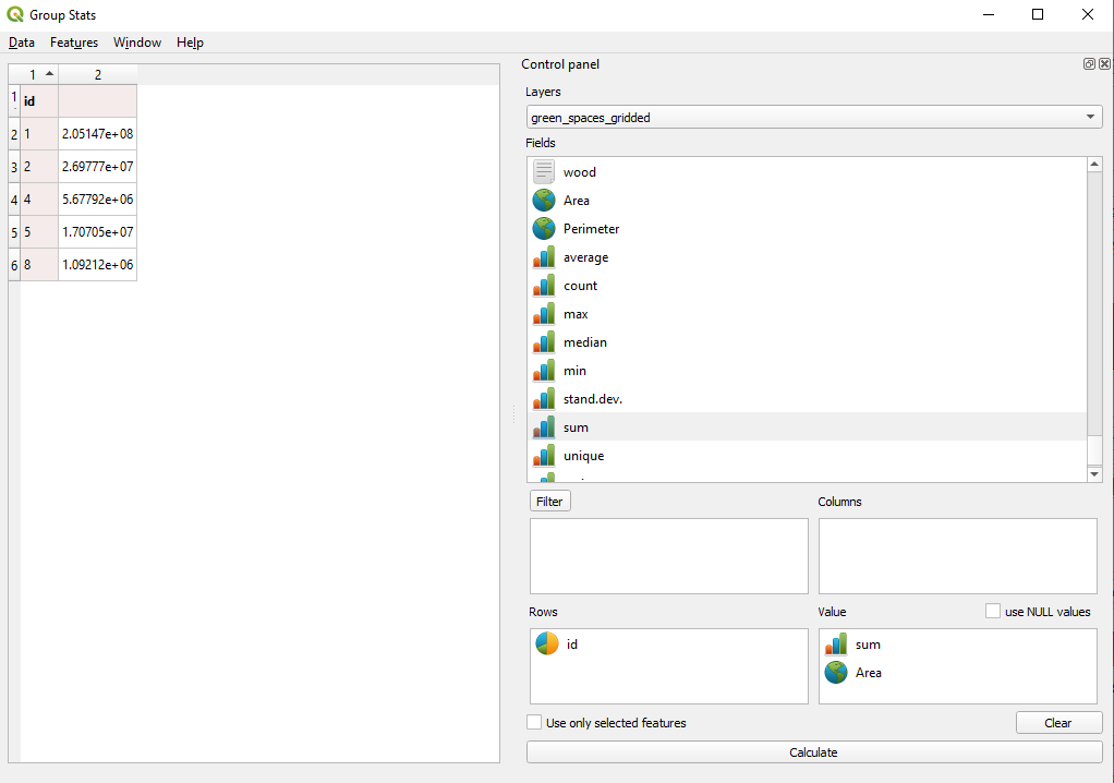 GroupStat parameters setup to sum up the green areas per each 10X10km grid cell