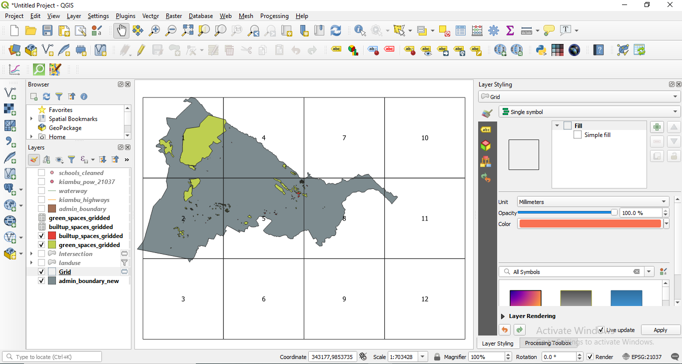 Ratio of green and built-up areas in the 10km x 10km grid