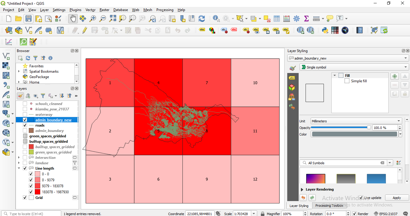 Spatial distribution of 10X10km units with most roads