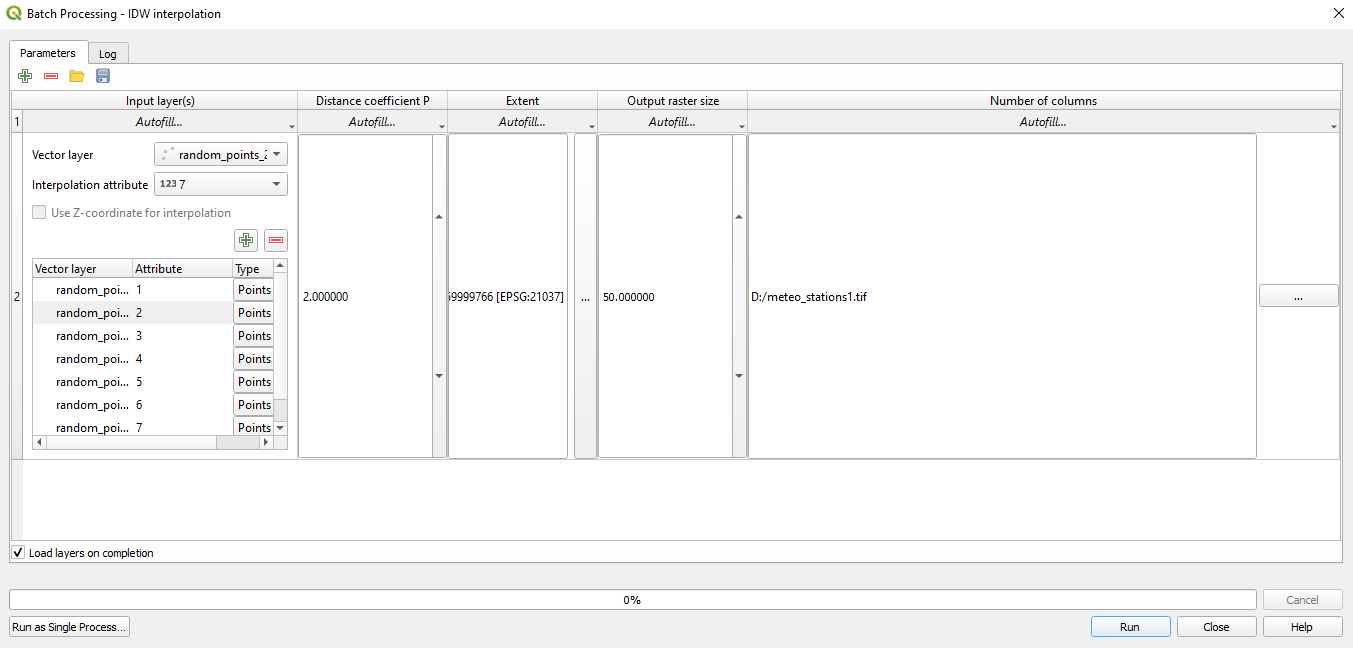 Setting up the batch processing window to interpolate the precipitation values for all 7 days