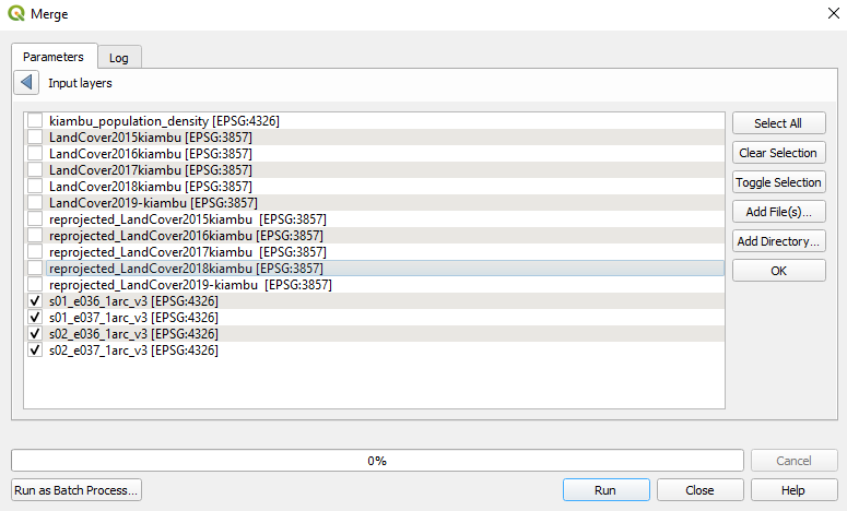 Selecting the SRTM layers to merge