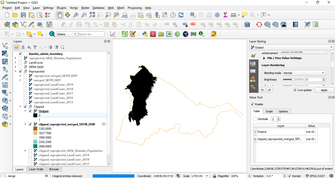 Result of identify all pixel values that are below 200 meters using the Raster Calculator