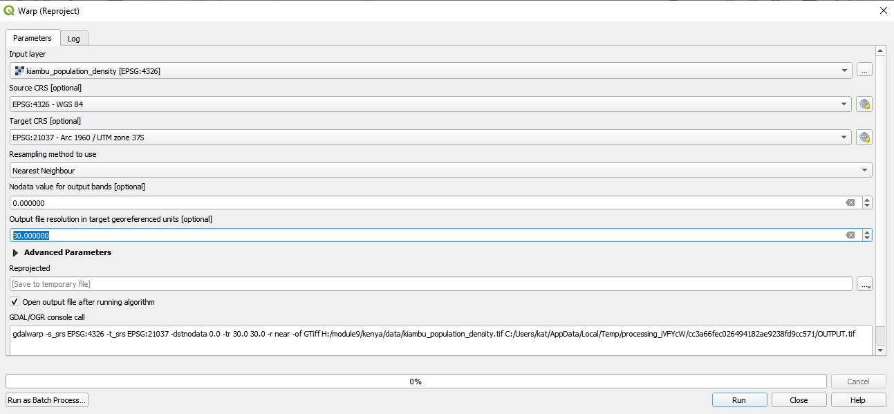 Warp (reproject) QGIS window