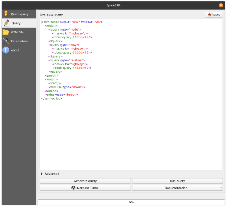 The Overpass query version of the Quick query to load highways