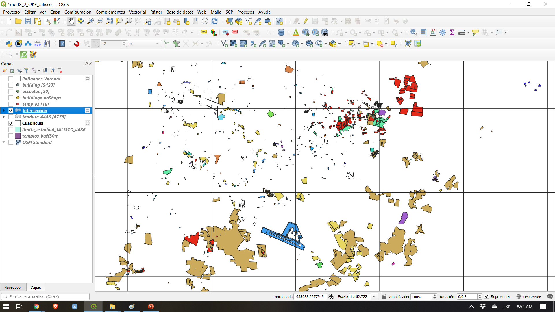 Result of running the intersection algorithm to clip the landuse vector polygons to the grid layer