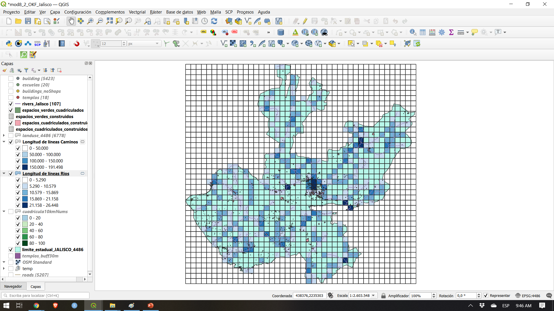 Spatial distribution of 10X10km units with most waterways