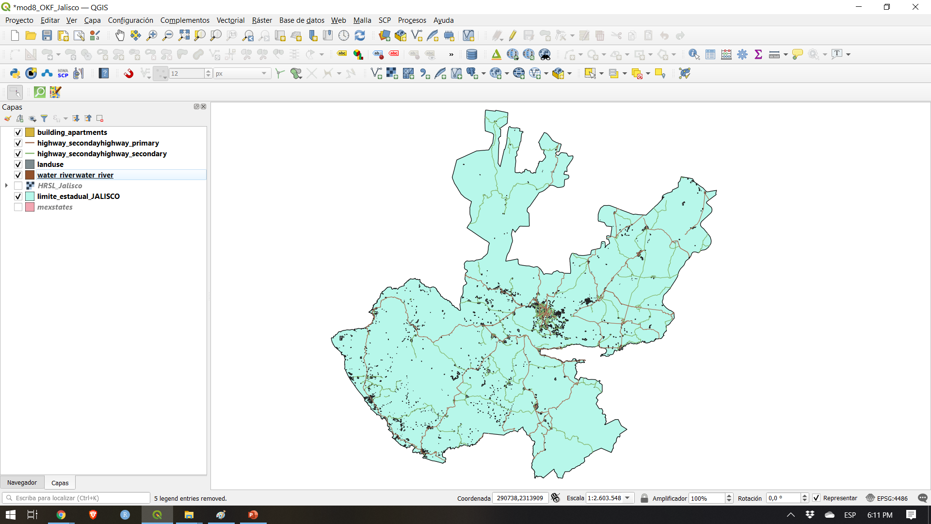 Loaded vector data sets: points, line and polygons