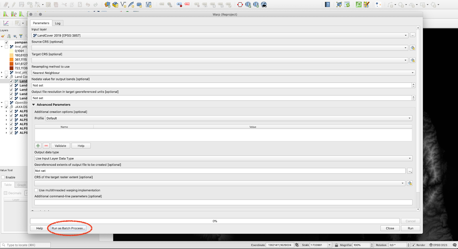 Batch processing tab on a QGIS functionality window