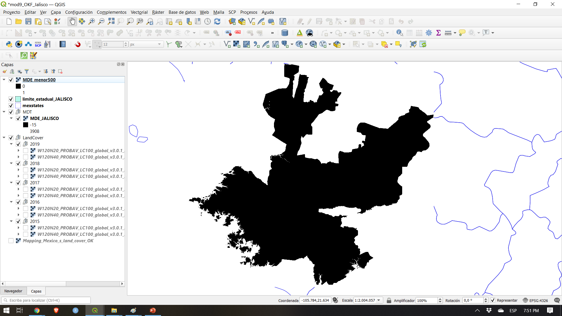 Result of identify all pixel values that are below 200 meters using the Raster Calculator