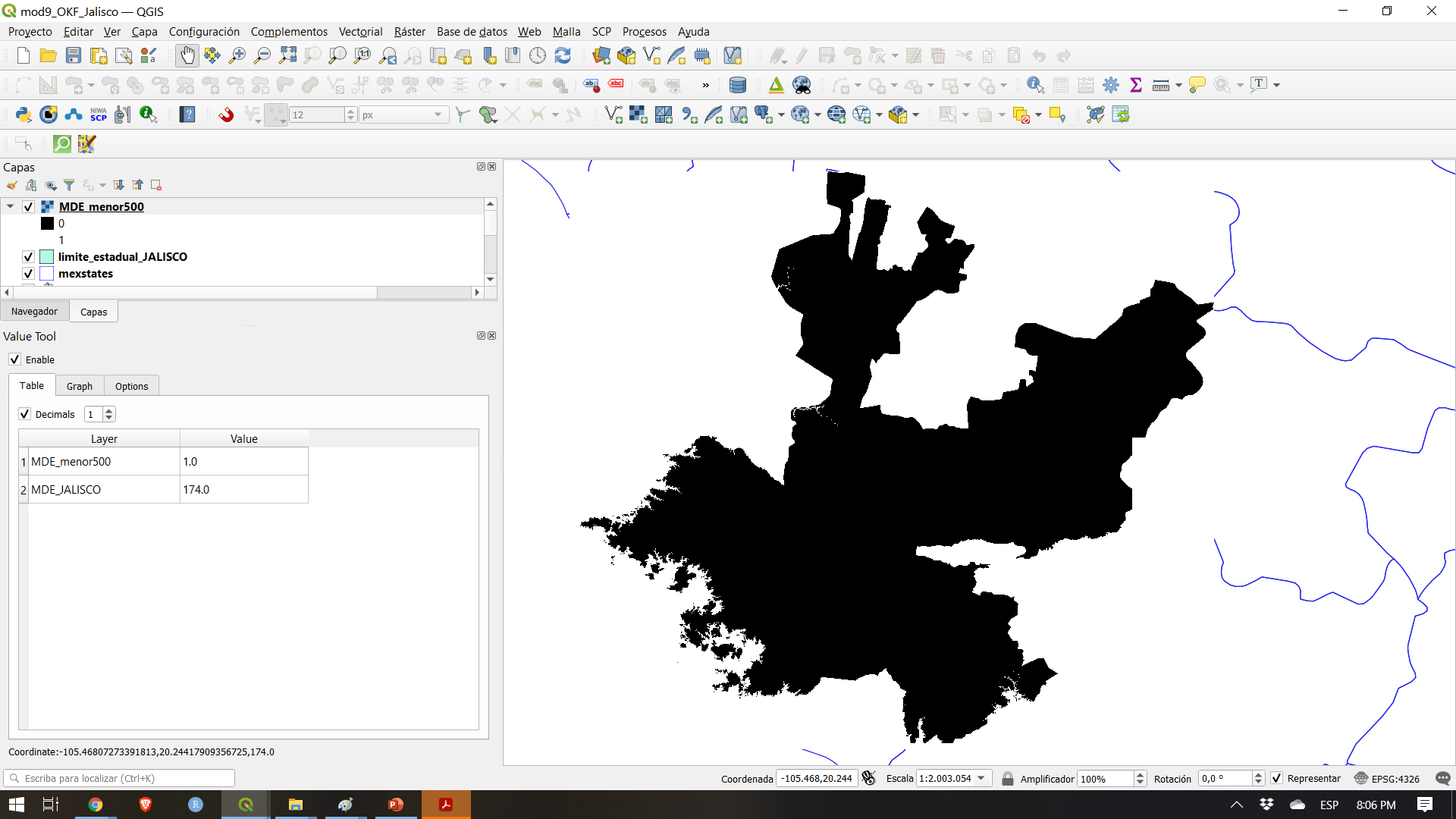 Spatial distribution of all pixels of value 1, meaning with altitude lower than 200 meters