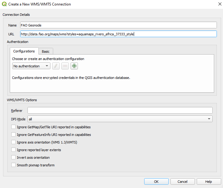 Creating a new WMS/WMTS Connection