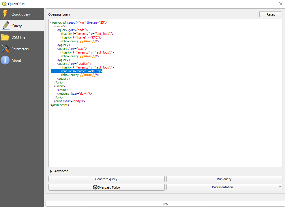 Overpass query to load only fast foods named KFC
