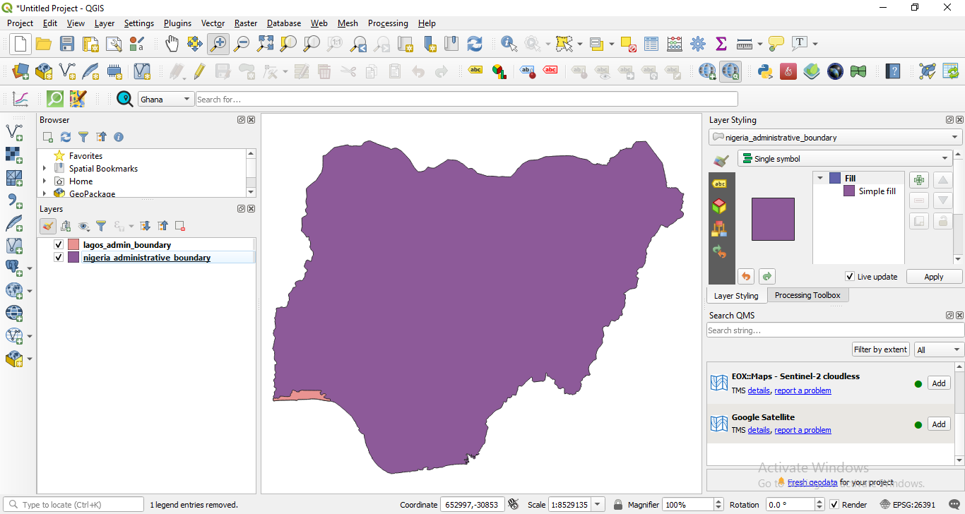 Lagos layers loaded in QGIS