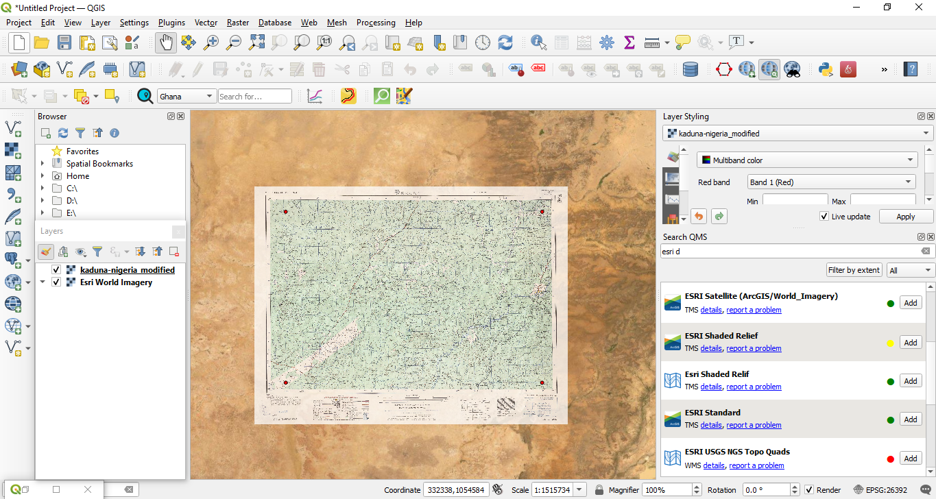 Georeferenced map loaded in QGIS