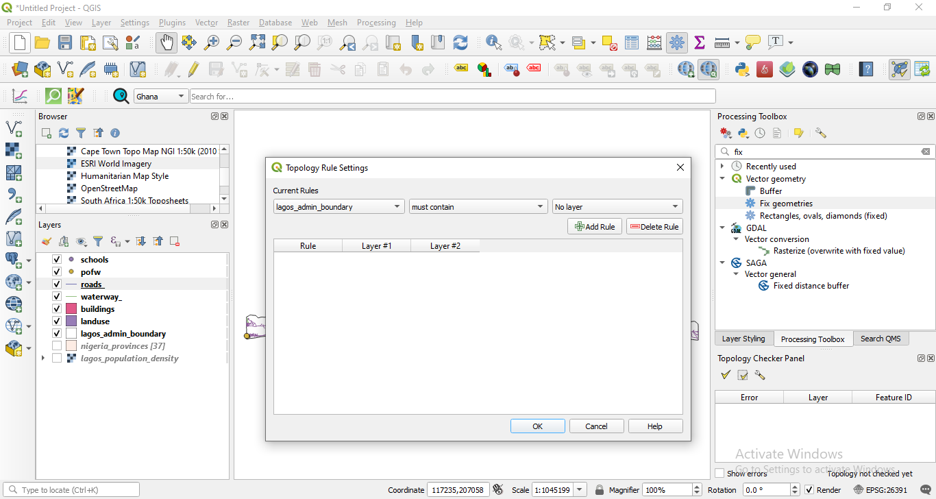 Topology rules dropdown menu based on the selected layer