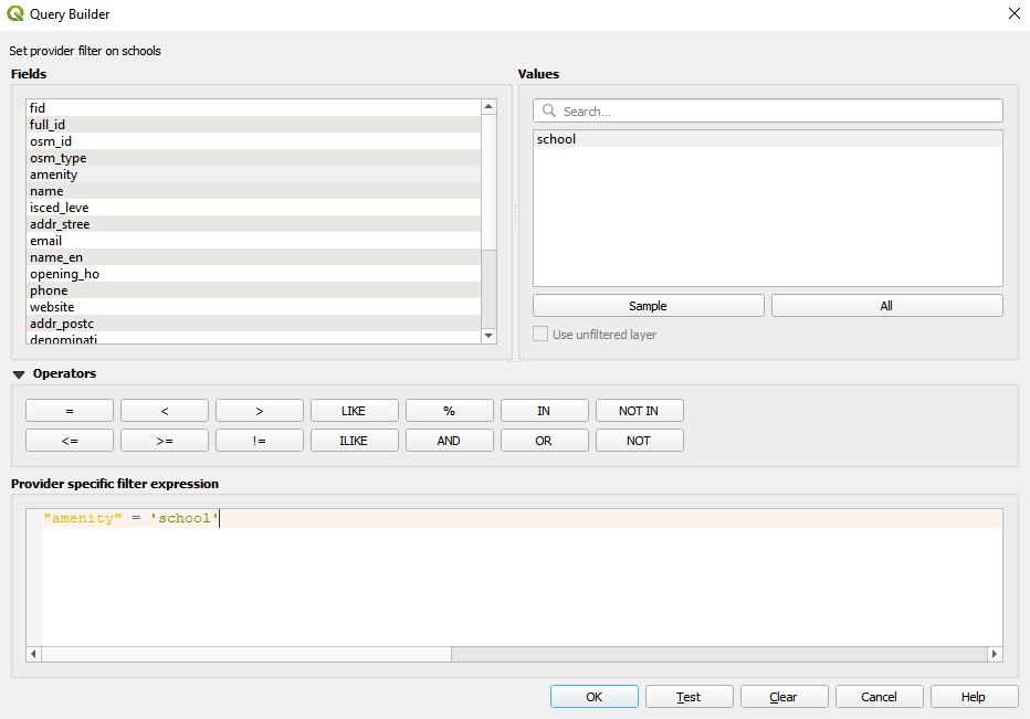 Filtering the poi layer to get all schools