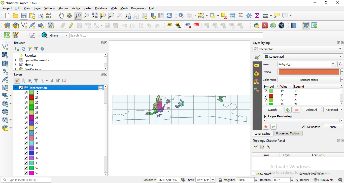 Result of running the intersection algorithm to clip the landuse vector polygons to the grid layer