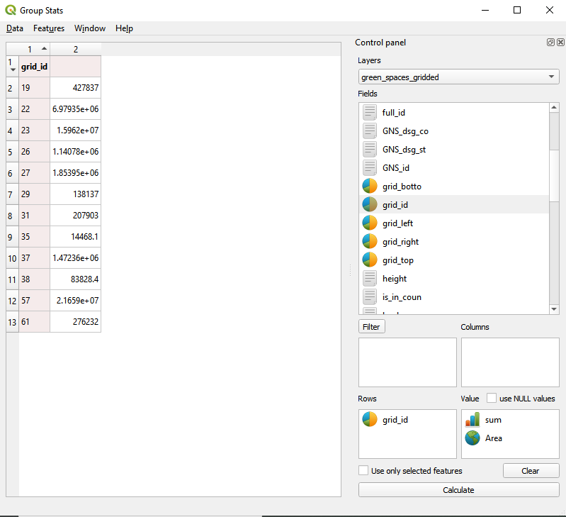 GroupStat parameters setup to sum up the green areas per each 10X10km grid cell