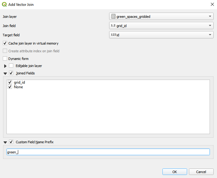 Setting the parameters to join by common field grid_id/id the sums of green and built-up spaces for each grid cell - 10X10km unit