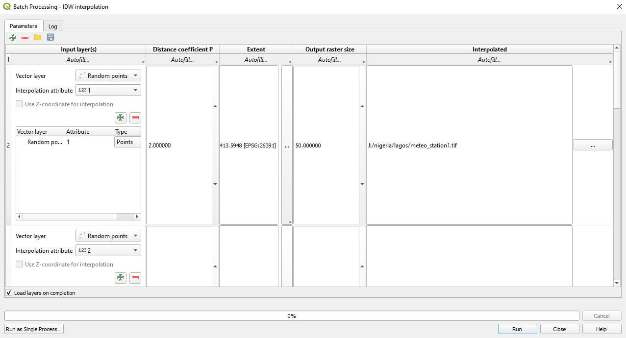 Setting up the batch processing window to interpolate the precipitation values for all 7 days