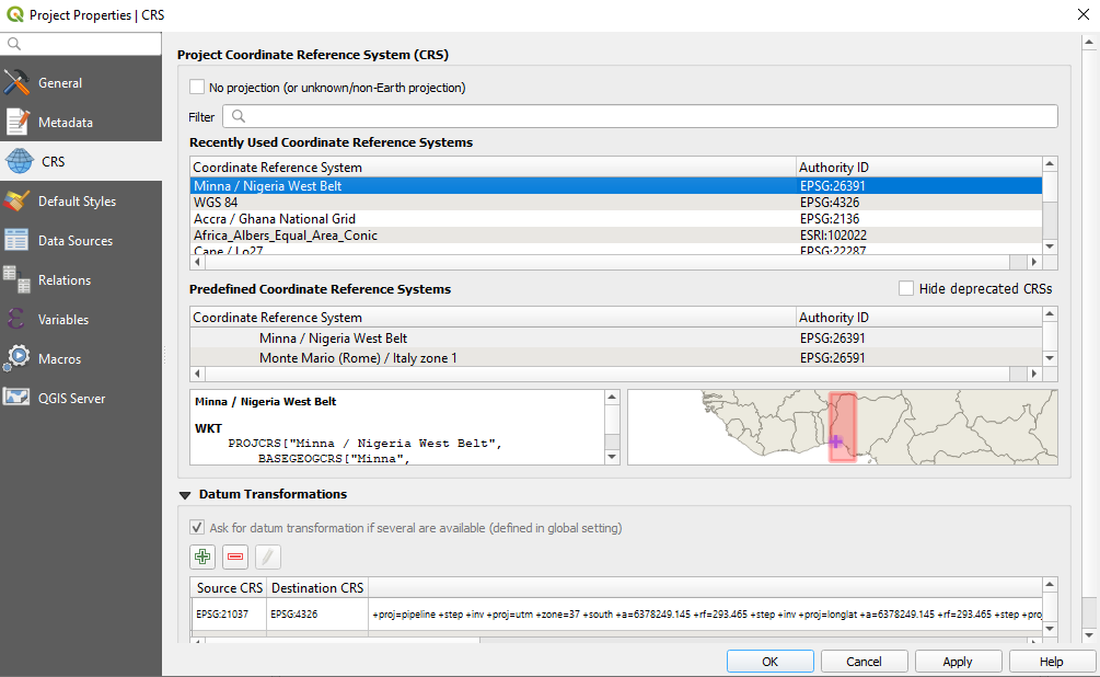 Specifications of the coordinate reference system used in the QGIS project