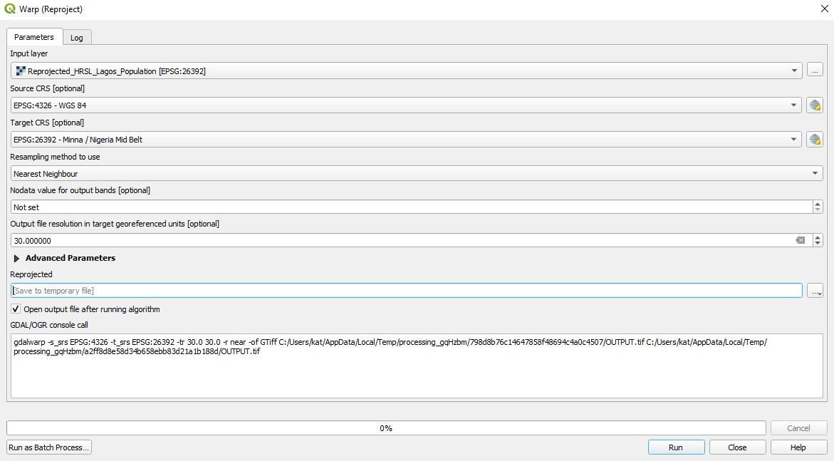 Batch processing tab on a QGIS functionality window