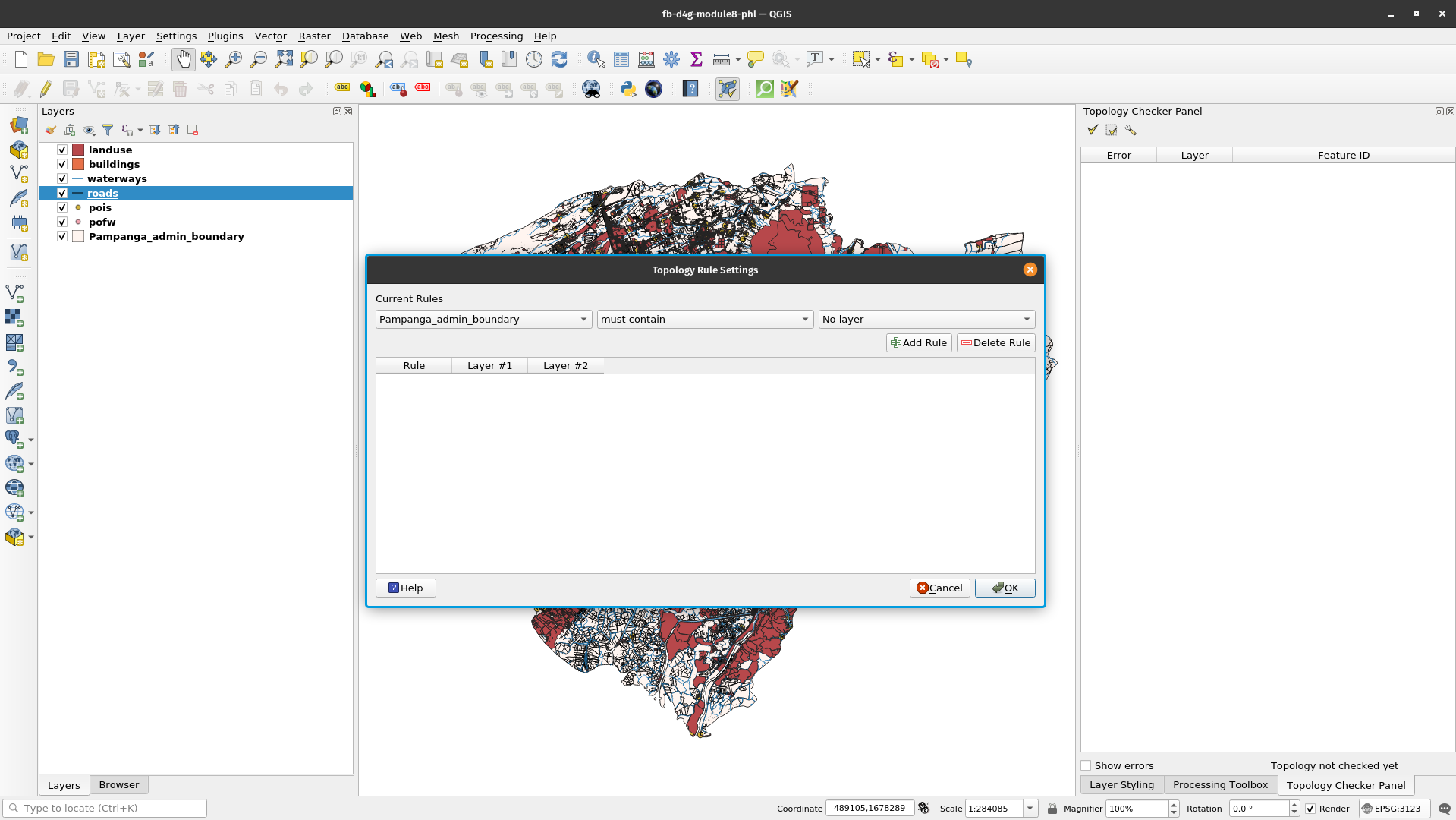 Topology rules dropdown menu based on the selected layer