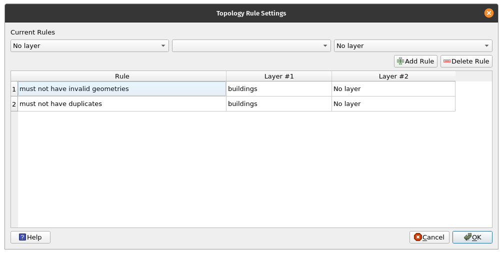 Topology check on the buildings vector layer