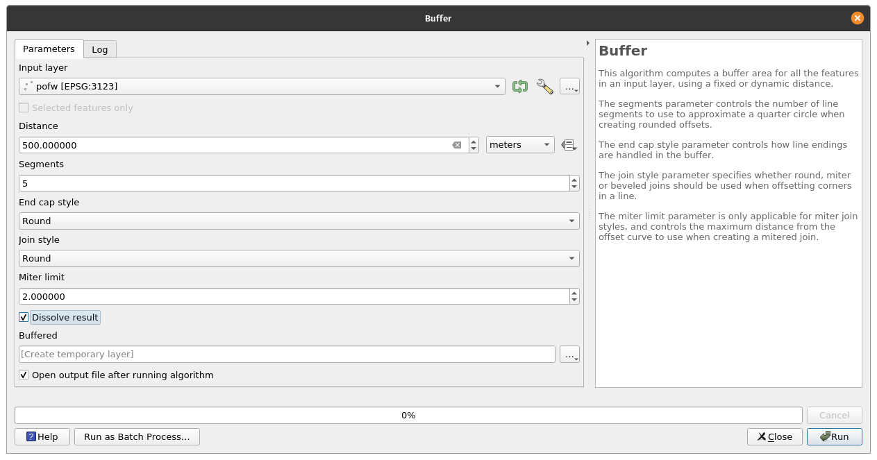 Setting the parameters for a 500 m buffer around the places of worship