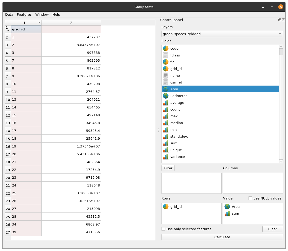 GroupStat parameters setup to sum up the green areas per each 10X10km grid cell