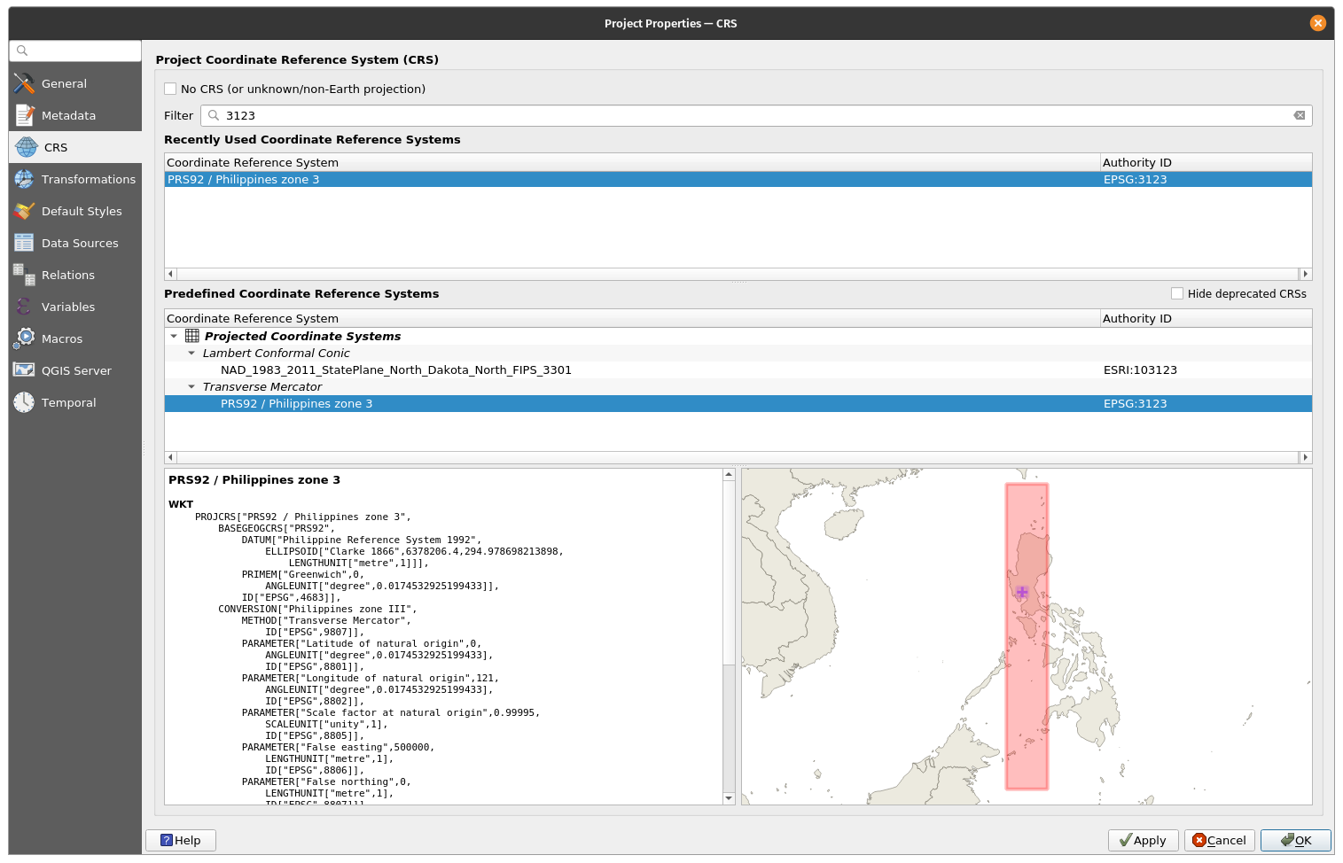 Specifications of the coordinate reference system used in the QGIS project