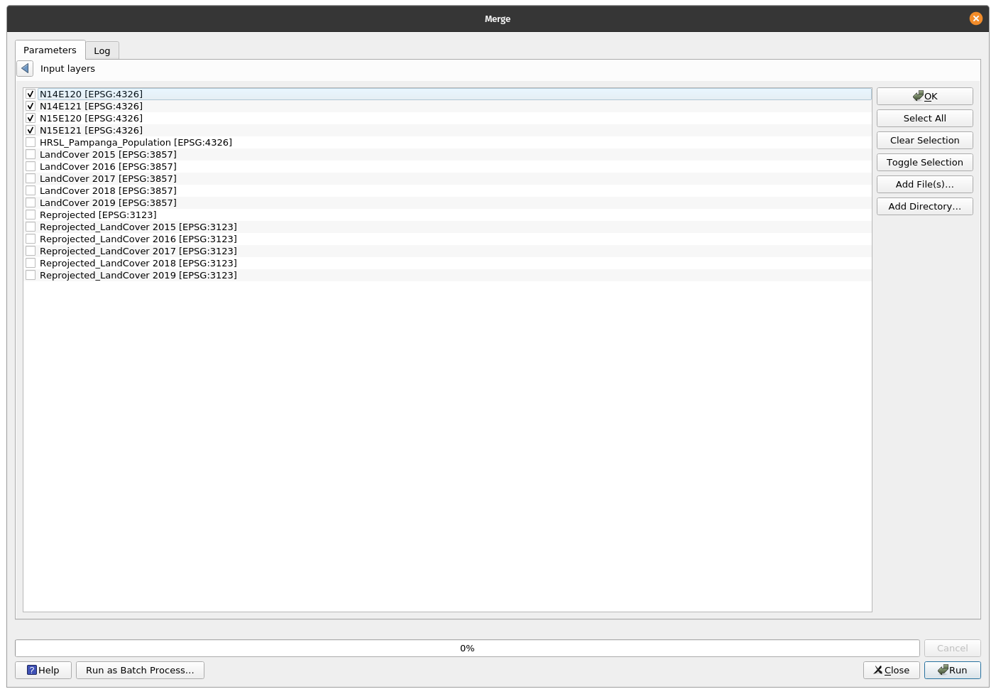 Selecting the SRTM layers to merge