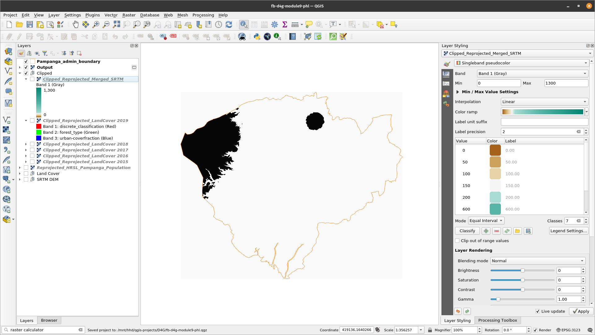 Result of identify all pixel values that are below 200 meters using the Raster Calculator