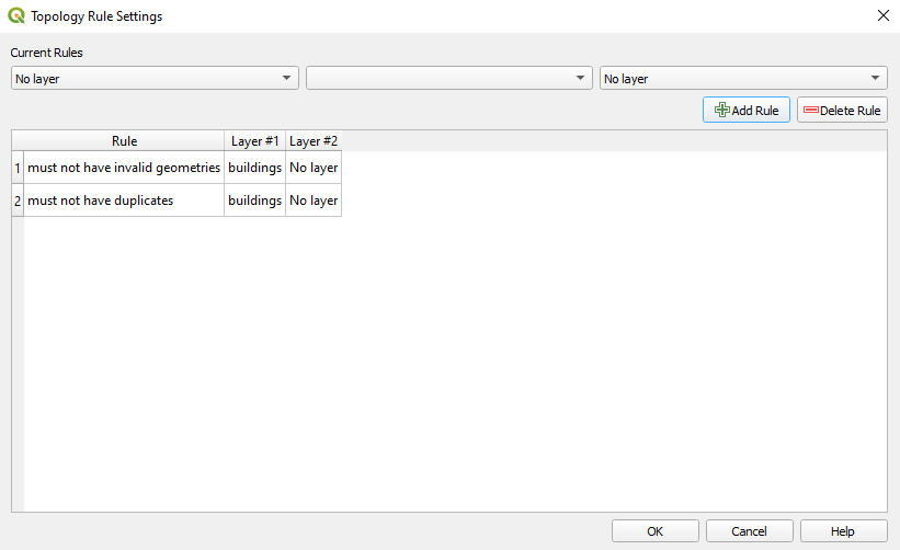 Topology check on the buildings vector layer