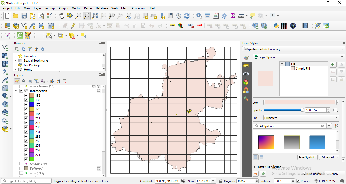 Result of running the intersection algorithm to clip the landuse vector polygons to the grid layer