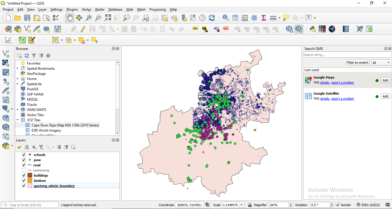 Loaded vector data sets: points, line and polygons