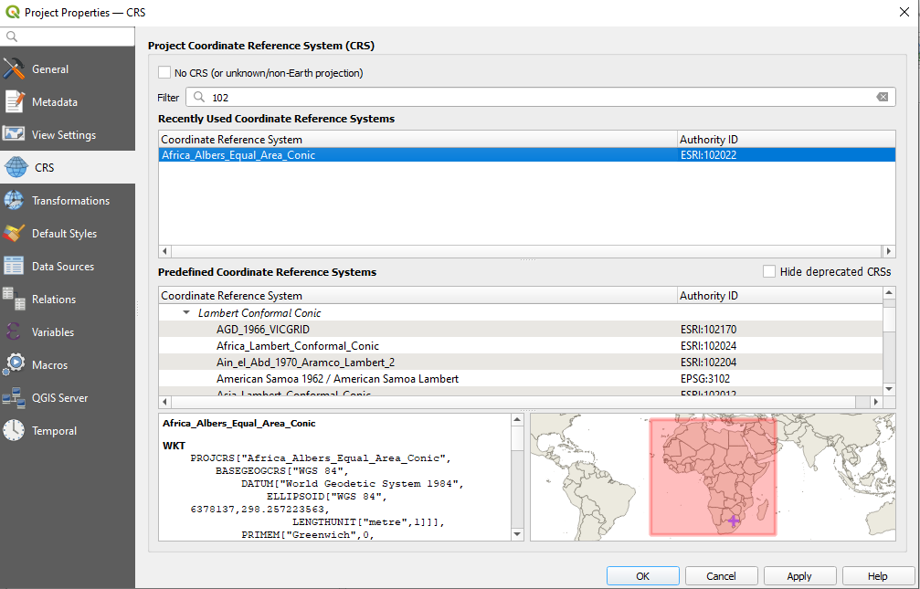 Specifications of the coordinate reference system used in the QGIS project