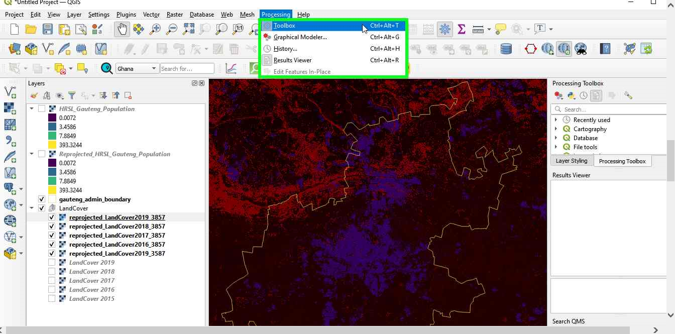 Finding the GDAL merge tool in the Processing Toolbox